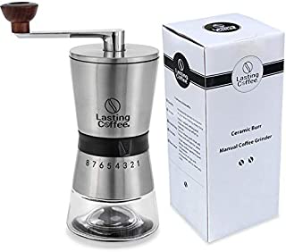 Lasting Coffee Manual Coffee Grinder | Premium Stainless Steel Conical Ceramic Burr Whole Bean Hand Mill with Adjustable Settings | Portable Hand Crank Grinder