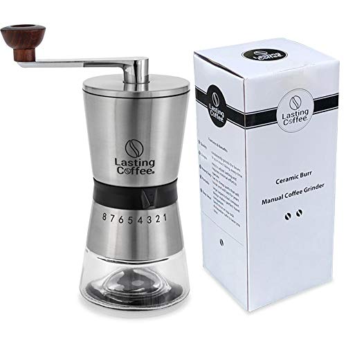 Lasting Coffee Manual Coffee Grinder | Premium Stainless Steel Conical Ceramic Burr Whole Bean Hand Mill with Adjustable Settings | Portable Hand Crank Grinder