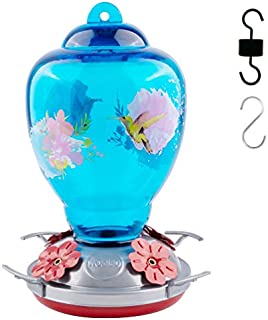 WOSIBO Hummingbird Feeder for Outdoors Patio Large 34 Ounces Colorful Glass Hummingbird Feeder with Ant Moat Hanging Hook, Rope, Brush and Service Card (Blue floral)