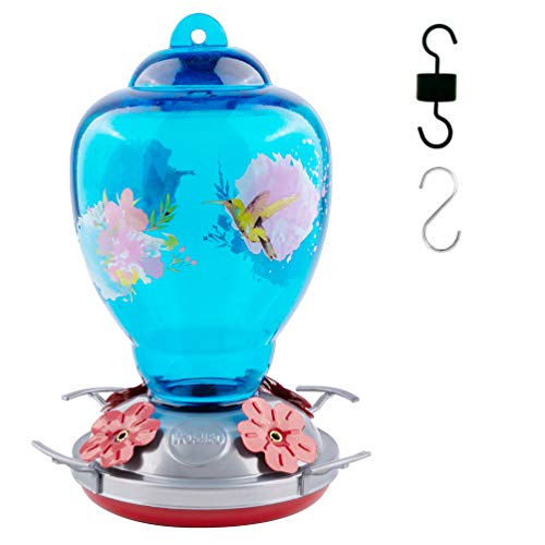 WOSIBO Hummingbird Feeder for Outdoors Patio Large 34 Ounces Colorful Glass Hummingbird Feeder with Ant Moat Hanging Hook, Rope, Brush and Service Card (Blue floral)