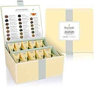 Tea Forte Organic Assorted Variety Tea Sampler, Tea Tasting Tea Chest Gift Box with 40 Handcrafted Pyramid Tea Infuser Bags, Black Tea, Herbal Tea, Oolong Tea, Green Tea, White Tea