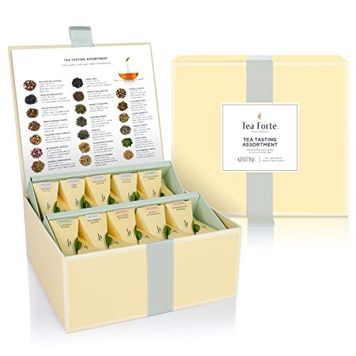 Tea Forte Organic Assorted Variety Tea Sampler, Tea Tasting Tea Chest Gift Box with 40 Handcrafted Pyramid Tea Infuser Bags, Black Tea, Herbal Tea, Oolong Tea, Green Tea, White Tea