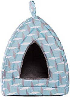 Hollypet Self-Warming 2 in 1 Foldable Comfortable Triangle Cat Bed Tent House, Light Blue Diamond