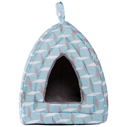 Hollypet Self-Warming 2 in 1 Foldable Comfortable Triangle Cat Bed Tent House, Light Blue Diamond