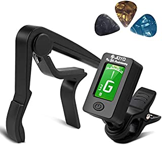 BROTOU Guitar Tuner Clip-On Tuner Digital Electronic Tuner Acoustic with LCD Display for Guitar, Bass, Violin, Ukulele (3 PCS Picks Included) (Tuner + Capo) (Tuner+Cpao)