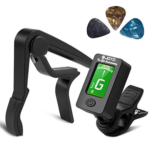 BROTOU Guitar Tuner Clip-On Tuner Digital Electronic Tuner Acoustic with LCD Display for Guitar, Bass, Violin, Ukulele (3 PCS Picks Included) (Tuner + Capo) (Tuner+Cpao)