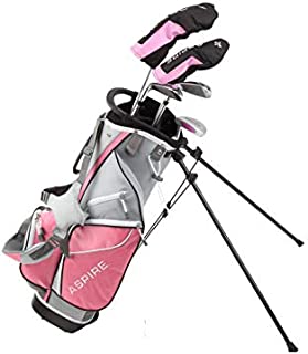 Aspire Junior Plus Complete Golf Club Set for Children, Kids - 5 Age Groups Boys and Girls - Right Hand, Real Girls Junior Golf Bag, Kids Golf Clubs Set (Pink Ages 7-8)