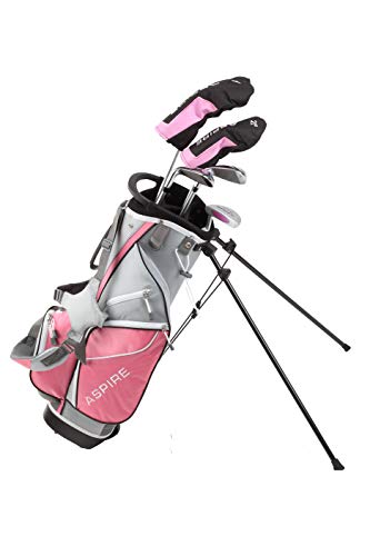 Aspire Junior Plus Complete Golf Club Set for Children, Kids - 5 Age Groups Boys and Girls - Right Hand, Real Girls Junior Golf Bag, Kids Golf Clubs Set (Pink Ages 7-8)