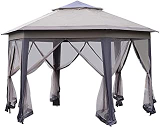 Outsunny 12' x 12' Hexagonal Pop Up Gazebo with Mesh Sidewalls, Patio Steel Fabric Canopy, Coffee and Beige