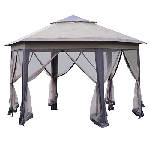 Outsunny 12' x 12' Hexagonal Pop Up Gazebo with Mesh Sidewalls, Patio Steel Fabric Canopy, Coffee and Beige