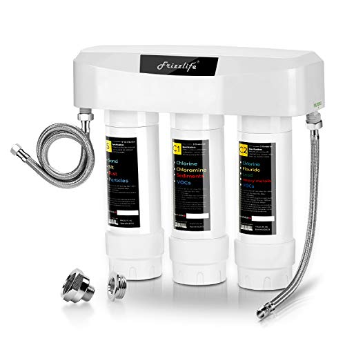 Frizzlife Under Sink Water Filter System SK99, 3-Stage 0.5 Micron High Precision Removes 99.99% lead, chlorine, chloramine, fluoride - Tankless Quick Change