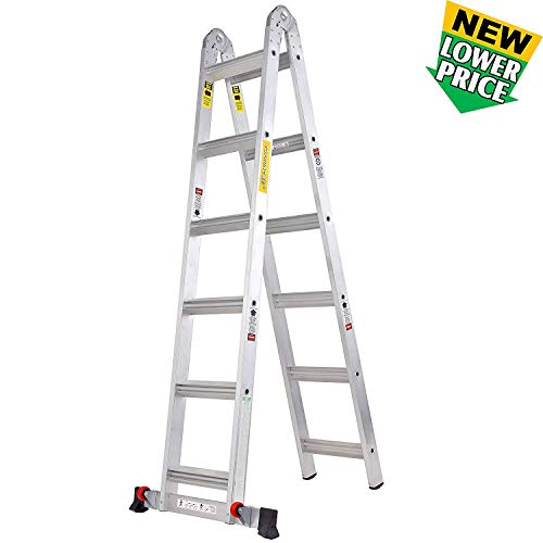 TOPRUNG 12ft. 2IN1 Aluminum Extension Ladder, Multi-Purpose Step Ladder with Bulit-in Wheels, 300lbs Duty Rating