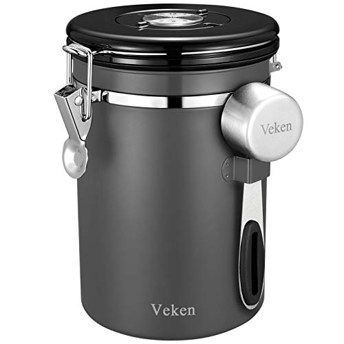 Veken Coffee Canister, Airtight Stainless Steel Kitchen Food Storage Container with Date Tracker and Scoop for Beans, Grounds, Tea, Flour, Cereal, Sugar, 22OZ, Gray