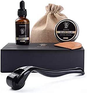 Beard Growth Kit, Derma Roller with Beard Growth Oil Serum for Men Patchy Facial Hair Growth Titanium Microneedle + Balm Wax + Comb, Best Gift for Men