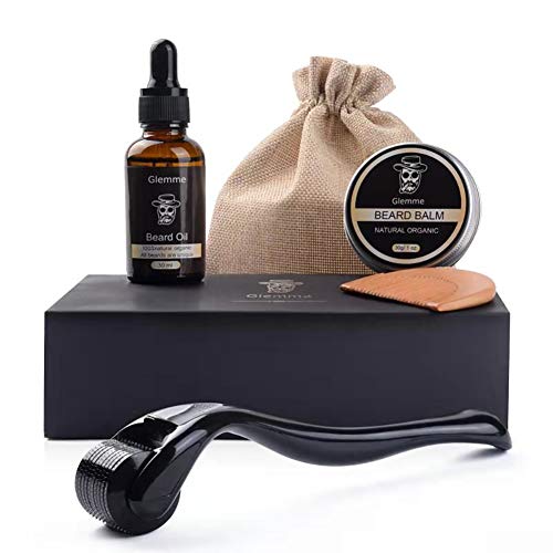 Beard Growth Kit, Derma Roller with Beard Growth Oil Serum for Men Patchy Facial Hair Growth Titanium Microneedle + Balm Wax + Comb, Best Gift for Men