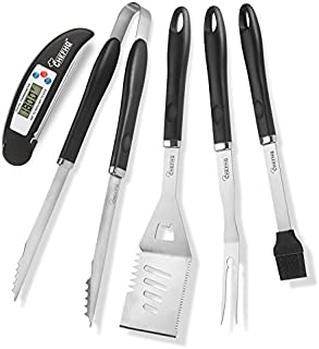 CHEFHQ BBQ Grill Tools Set with Meat Thermometer - 4 Stainless Steel Grilling Tool Accessories - Outdoor Tongs, Spatula, Fork, Brush Utensil Sets - Heavy Duty Long Handle Barbecue Kitchen Utensils Kit