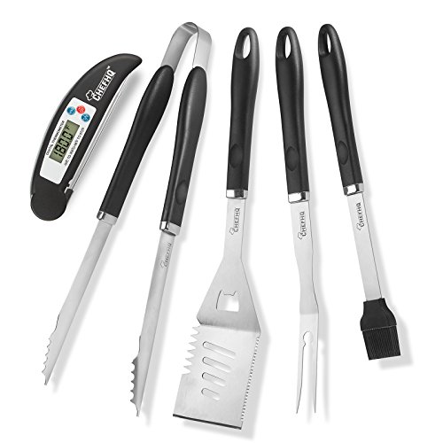 CHEFHQ BBQ Grill Tools Set with Meat Thermometer - 4 Stainless Steel Grilling Tool Accessories - Outdoor Tongs, Spatula, Fork, Brush Utensil Sets - Heavy Duty Long Handle Barbecue Kitchen Utensils Kit