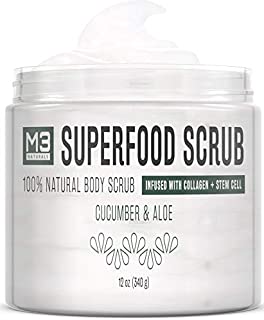 M3 Naturals Superfood Scrub infused with Collagen and Stem Cell All Natural Cucumber and Aloe Body Face Wash Exfoliating Facial Cleanser for Acne Cellulite Wrinkles Scars Skin Care 12 oz