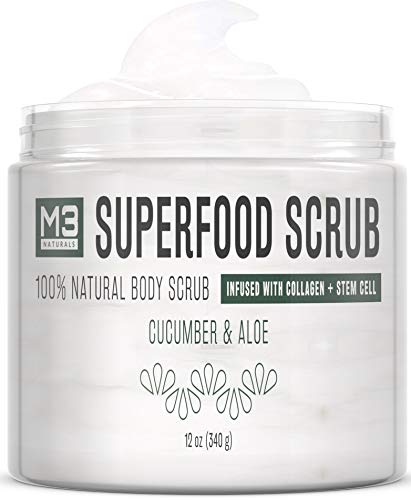 M3 Naturals Superfood Scrub infused with Collagen and Stem Cell All Natural Cucumber and Aloe Body Face Wash Exfoliating Facial Cleanser for Acne Cellulite Wrinkles Scars Skin Care 12 oz