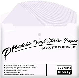 Printable Vinyl for Inkjet & Laser Printer - 30 Pack Printable Vinyl Sticker Paper Glossy White - Standard Letter Size 8.5