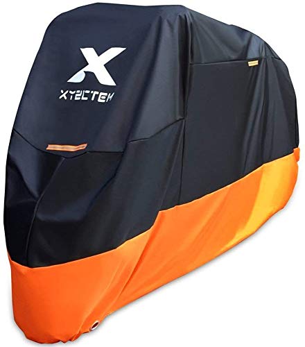 XYZCTEM Motorcycle Cover  All Season Waterproof Outdoor Protection  Precision Fit up to 108 Inch Tour Bikes, Choppers and Cruisers  Protect Against Dust, Debris, Rain and Weather(XXL,Black& Orange)