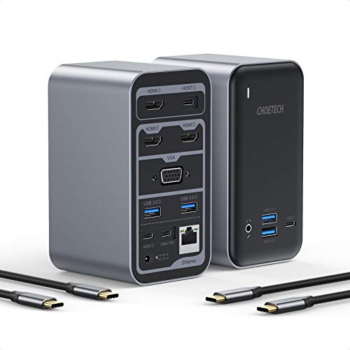 USB C Docking Station, CHOETECH 15 in 1 Docking Station for MacBook and Windows, Quadruple Displays with 100W PD Input, 4K HDMI, VGA, 4 USB-A and 1 USB-C Ports, Ethernet, 3.5mm Audio Jack