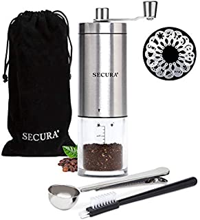 Secura Manual Coffee Grinder,Conical Ceramic Burr Coffee Mill, Kitchen Travel Stainless Steel Coffee Bean Grinder with Extra 16 Printing Stencils, Cleaning Brush, Coffee Scoop and Travel Storage Bag