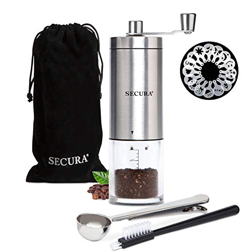 Secura Manual Coffee Grinder,Conical Ceramic Burr Coffee Mill, Kitchen Travel Stainless Steel Coffee Bean Grinder with Extra 16 Printing Stencils, Cleaning Brush, Coffee Scoop and Travel Storage Bag