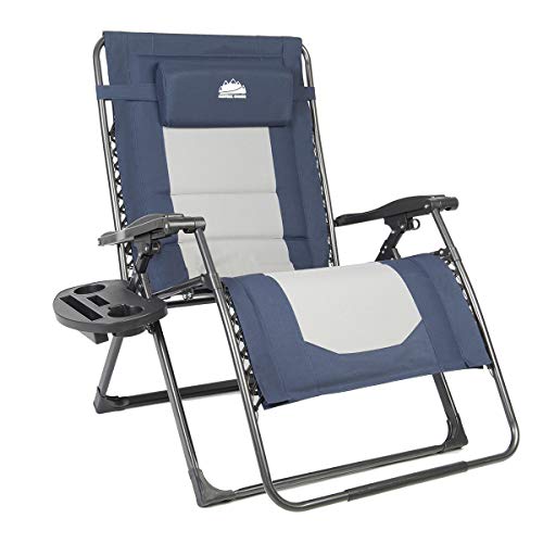 Coastrail Outdoor Oversized Zero Gravity Chair Padded XXL Folding Patio Lounge Adjustable Recliner with Cup Holder & Side Table, 500lbs Weight Capacity, Blue&Gray