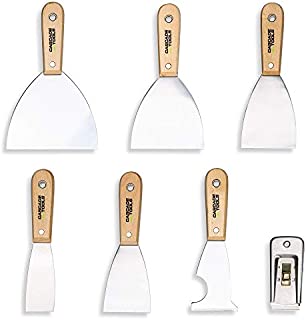 7 PIECE SET - Putty Knife, 5 in 1 Multi Tool & Razor Scraper (MEDIUM FLEX & WOOD HANDLE) - Wall Scraper & Drywall Knife - For Spreading Drywall Spackle & Mud, Taping, Scraping Paint,and More