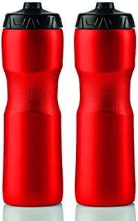 50 Strong Sports Squeeze Water Bottle with One-Way Valve - Two Pack - Set of 2 Leak Proof Squirt Waterbottles - 28 Ounces - Perfect for Bike - Made in USA (Red)