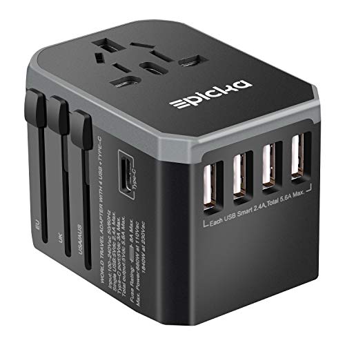 EPICKA Universal Travel Adapter One International Wall Charger AC Plug Adaptor with 5.6A Smart Power and and 3.0A USB Type-C for USA EU UK AUS