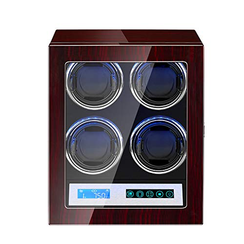 JQUEEN Watch Winder for 4 Watches,Piano Finish with High-Gloss Lacquer,Upgraded Adjustable Watch Pillows,Powered by Quiet Japanese Mabuchi Motor,Built-in Illumination(red+Black)