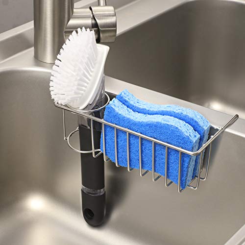 [Save Sink Space] 2-in-1 Kitchen Sink Caddy Sponge Holder + Brush Holder, Small In-sink Dish Sponge Caddy, 304 Stainless Steel Rust Proof, Hanging Kitchen Organizer Rack for Sink