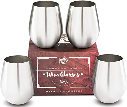 Premium Solid Stainless Steel Wine Glasses PLUS Recipe eBook | Stemless Wine Glass Set of 4, for Men and Women | Large 18 Ounce by Backyard Bum | Unbreakable and Tip Resistant for Perfect Entertaining