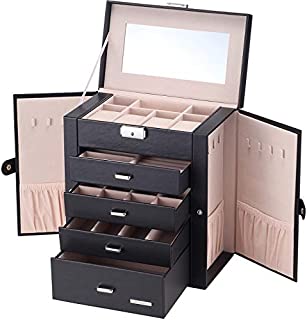 Homde Synthetic Leather Huge Jewelry Box Mirrored Watch Organizer Necklace Ring Earring Storage Lockable Gift Case (Black)