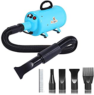 Bonnlo 2400W 3.2HP Stepless Adjustable Speed Pet Dryer Dog Hair Dryer Pet Grooming Blower with Heater Quick - 4 Different Nozzles (Single Motor)(Blue)