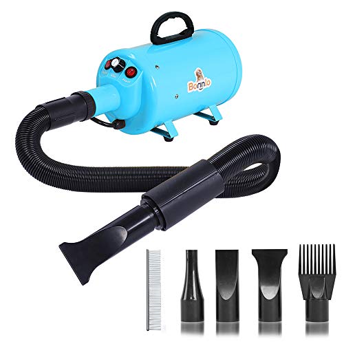 Bonnlo 2400W 3.2HP Stepless Adjustable Speed Pet Dryer Dog Hair Dryer Pet Grooming Blower with Heater Quick - 4 Different Nozzles (Single Motor)(Blue)