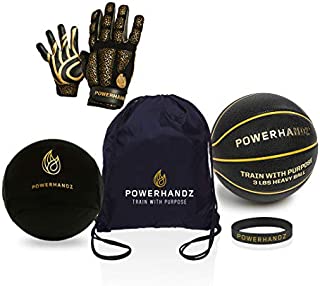 POWERHANDZ Phenom 5-Piece Basketball Bundle - Weighted Anti-Grip Basketball Gloves, Weighted Training Basketball, Dribble Sleeve, Drawstring Bag and Wristband (XXX-Large)