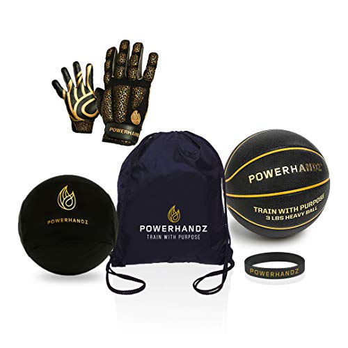 POWERHANDZ Phenom 5-Piece Basketball Bundle - Weighted Anti-Grip Basketball Gloves, Weighted Training Basketball, Dribble Sleeve, Drawstring Bag and Wristband (XXX-Large)