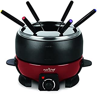 Electric Countertop Chocolate Fondue Maker - 800W 2QT Black/Red Fondue Pot Set, Cheese Melter Warmer Cooker Pot, Nonstick Melting Pot, Includes 6 Dipping Forks, Utensil Tray Lid - NutriChef