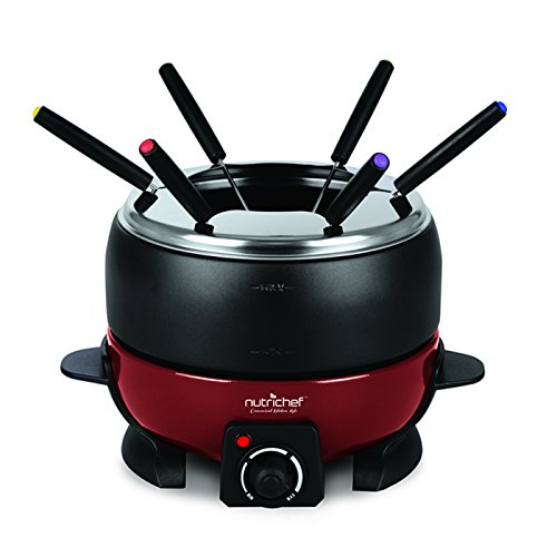 Electric Countertop Chocolate Fondue Maker - 800W 2QT Black/Red Fondue Pot Set, Cheese Melter Warmer Cooker Pot, Nonstick Melting Pot, Includes 6 Dipping Forks, Utensil Tray Lid - NutriChef