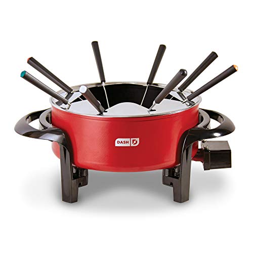 Dash Electric Fondue Set with Nonstick Pot, 8 Colored Forks & Temperature Control for Cheese, Chocolate, Steak, Poultry, Seafood + More, 3 QT, Red