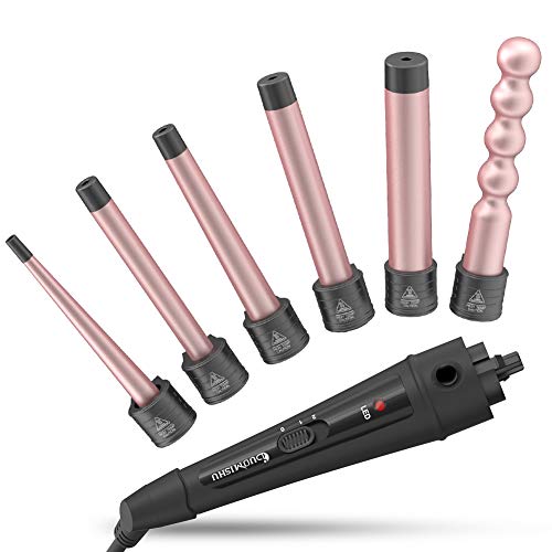 6 in 1 Curling Iron Wand Set with 6 Interchangeable Ceramic Barrels with Anti-scalding Tip (0.35'' to 1.25'') and Heat Resistant Glove - Rose Gold, Hair Curler for Girls Women Gifts By Duomishu