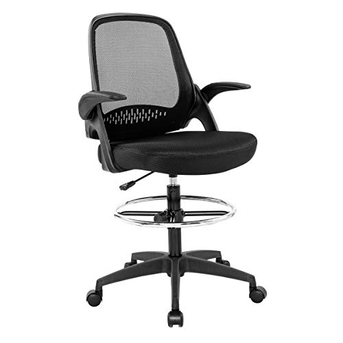 Drafting Chair Tall Office Chair with Flip Up Arms for Standing Desk Chair with Footrest Ring Height Adjustable Drafting Stool for Bar High Desk Swivel Rolling Executive Chair, 250lbs