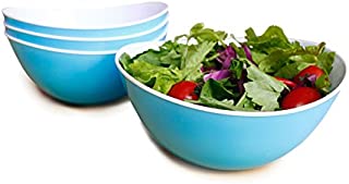 Honla 48 Oz Pasta Salad Bowls,Set of 4,Unbreakable Plastic and Wavy Rim,2 Tone,Light Blue and White