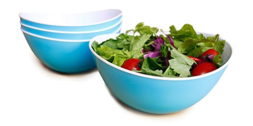 Honla 48 Oz Pasta Salad Bowls,Set of 4,Unbreakable Plastic and Wavy Rim,2 Tone,Light Blue and White