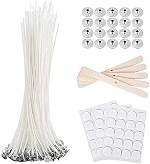 Bulk Candle Wicks 80 Pcs 8 inch with 60Pcs Candle Wick Stickers, 5Pcs Wooden Candle Wick Centering Device and 20 Pcs Metal tabs for Soy Beeswax Candle Making