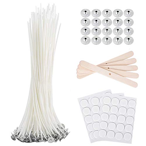 Bulk Candle Wicks 80 Pcs 8 inch with 60Pcs Candle Wick Stickers, 5Pcs Wooden Candle Wick Centering Device and 20 Pcs Metal tabs for Soy Beeswax Candle Making