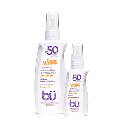 Sunscreen Spray Kids SPF 50 by Bu Value Pack - Travel Size Organic Biodegradable Sun Block for Sensitive Skin - Fragrance-Free, Oil-Free, Non Greasy, Non Comedogenic, Water-Resistant (1 + 3.3 Ounce)
